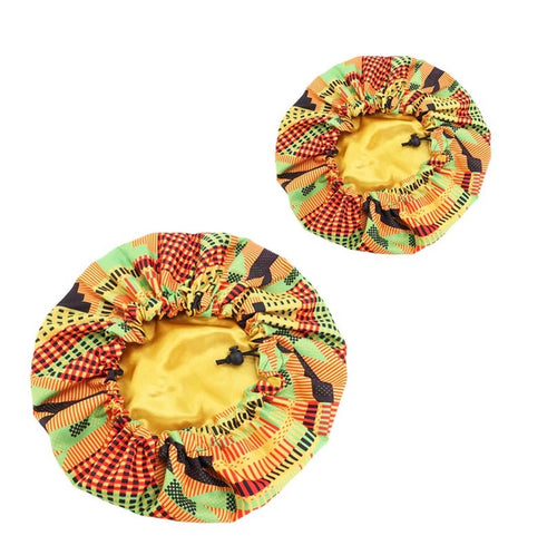 African Kente Print Hair Bonnet (Mother+Daughter / Mommy & Me set) Kids Bonnet set ( Satin lined Night sleep cap )