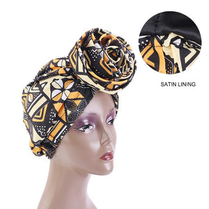 Pre-wrapped bandana / hat - African Orange Bogolan Print Satin lined night cap