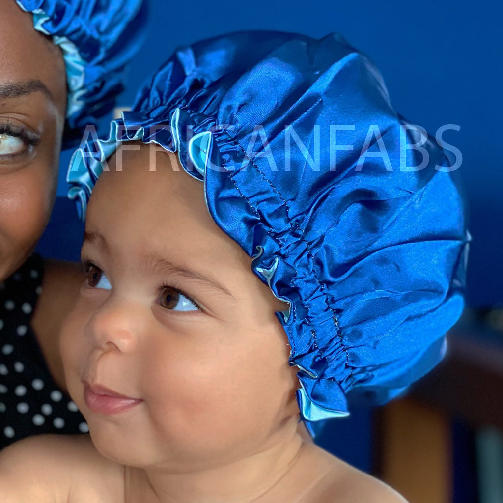 Blue Satin Hair Bonnet (Kids / Children's size 3-7 years) (Reversable –  AfricanFabs