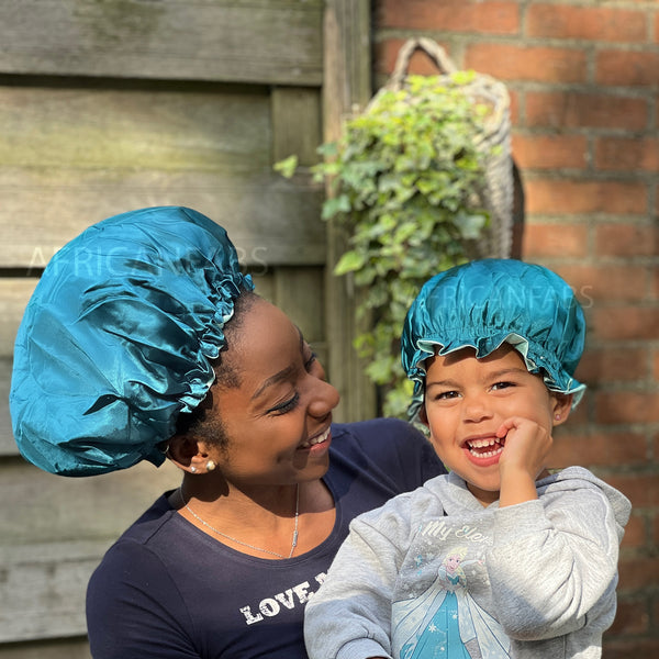 Green Satin Hair Bonnet (Mother+Daughter / Mommy & Me set) Kids Bonnet set (Reversable Satin Night sleep cap)