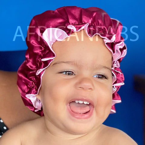 Red Satin Hair Bonnet (Kids / Children's size 3-7 years) (Reversable Satin Night sleep cap)
