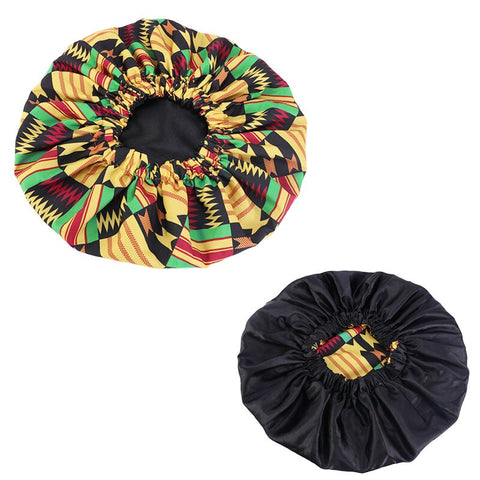 African Black / Yellow Kente Print Hair Bonnet ( Satin lined  reversable Night sleep cap )