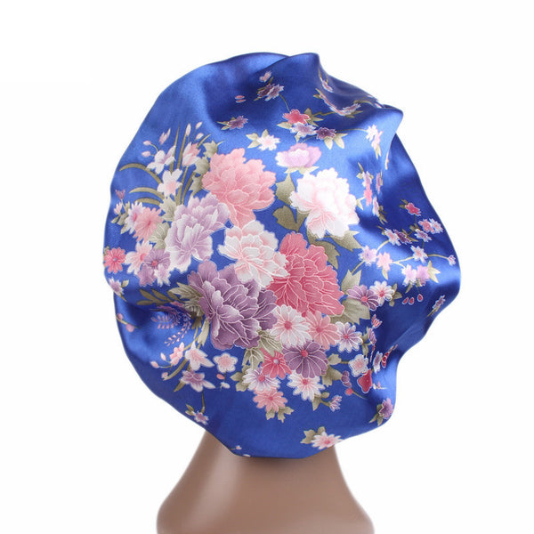 Blue pink flowers Satin Hair Bonnet ( Satin Night sleep cap )