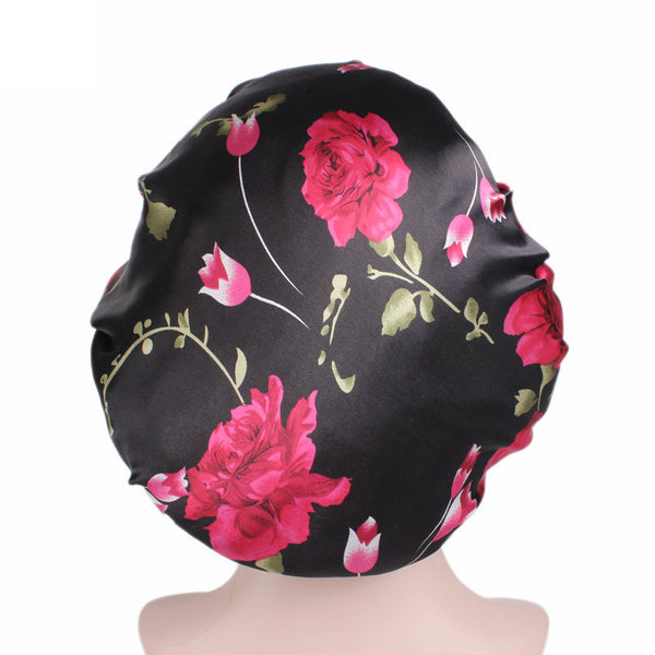 Black pink flowers Satin Hair Bonnet ( Satin Night sleep cap )