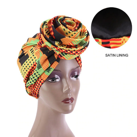 Pre-wrapped bandana / hat - African Kente Print Satin lined night cap