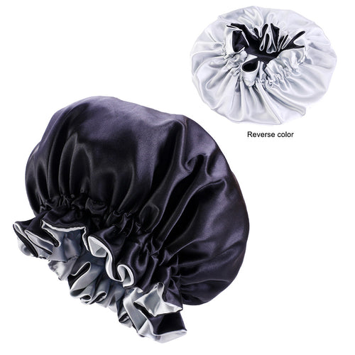 Black / Grey Satin Hair Bonnet with edge ( Reversable Satin Night sleep cap )