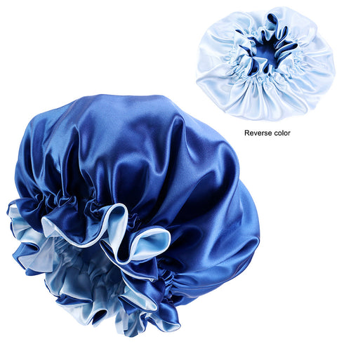 Blue Satin Hair Bonnet with edge ( Reversable Satin Night sleep cap )