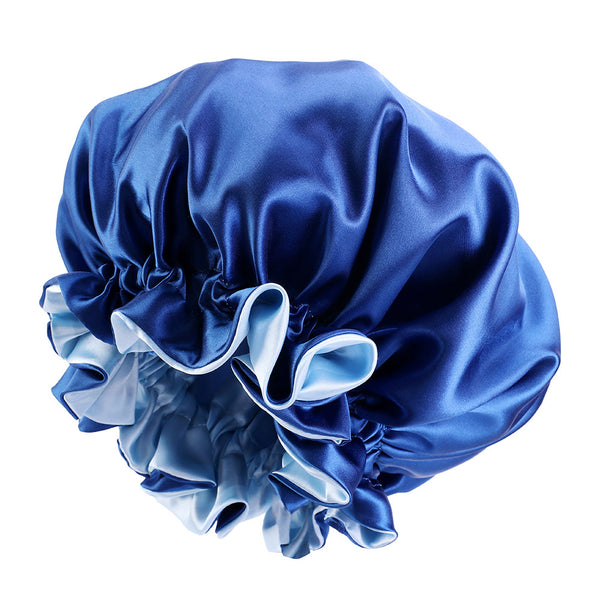 Blue Satin Hair Bonnet with edge ( Reversable Satin Night sleep cap )