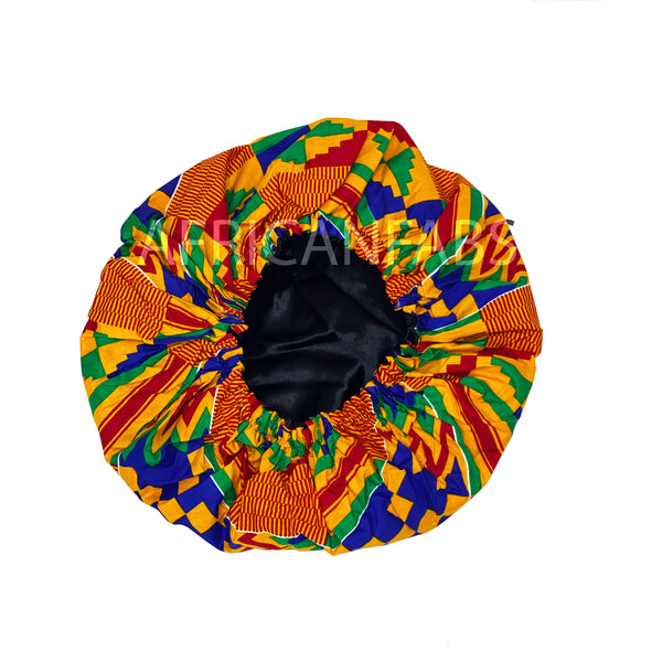 African print Hair Bonnet - Orange / blue Kente ( Cotton with Satin liner )