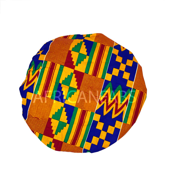 African print Hair Bonnet - Orange / blue Kente ( Cotton with Satin liner )