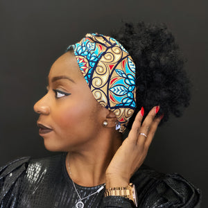 African print Headband - Adults - Hair Accessories - Blue / gold round circle Brillant Platinum Edition