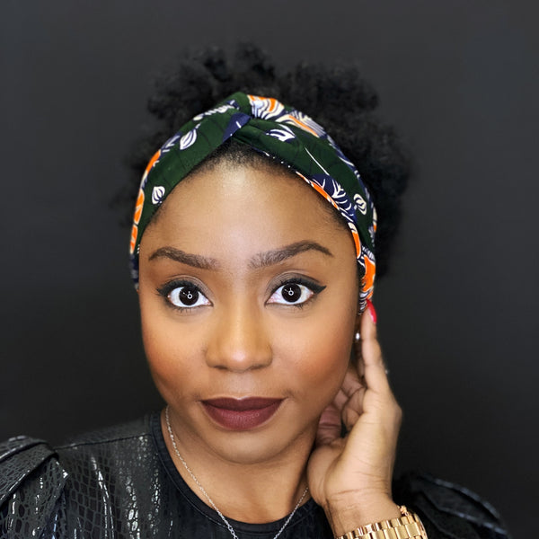 African print Headband - Adults - Hair Accessories - Dark green / orange flower Brillant Platinum Edition