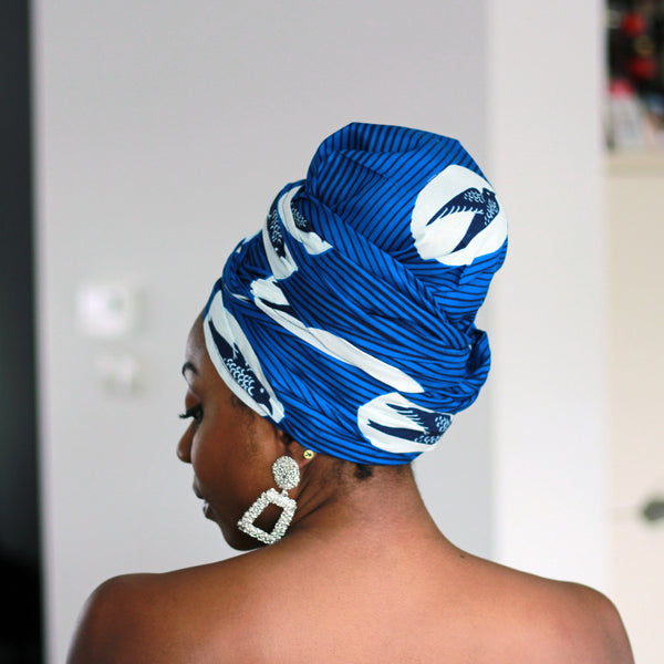 African headwrap - Blue / White speedbird (Vlisco)