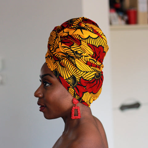 African headwrap - Gold / Red wedding flowers (Vlisco)