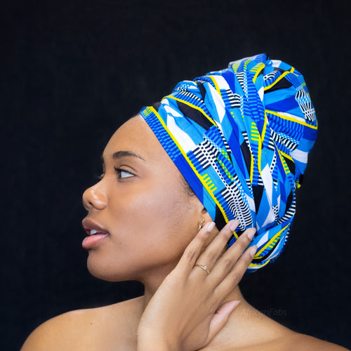 African Blue & White Kente headwrap