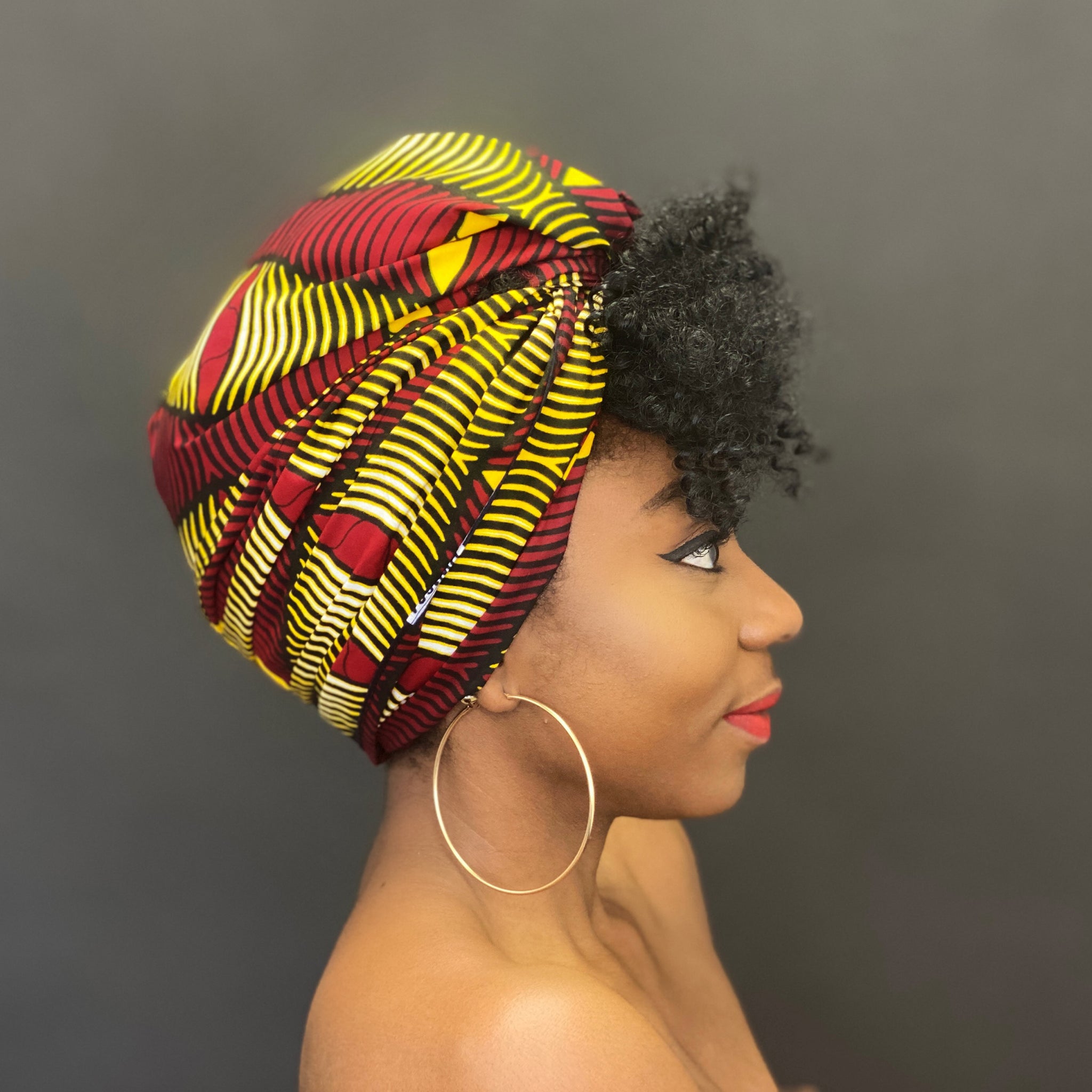 African headwrap - Dark red / yellow swirl cone