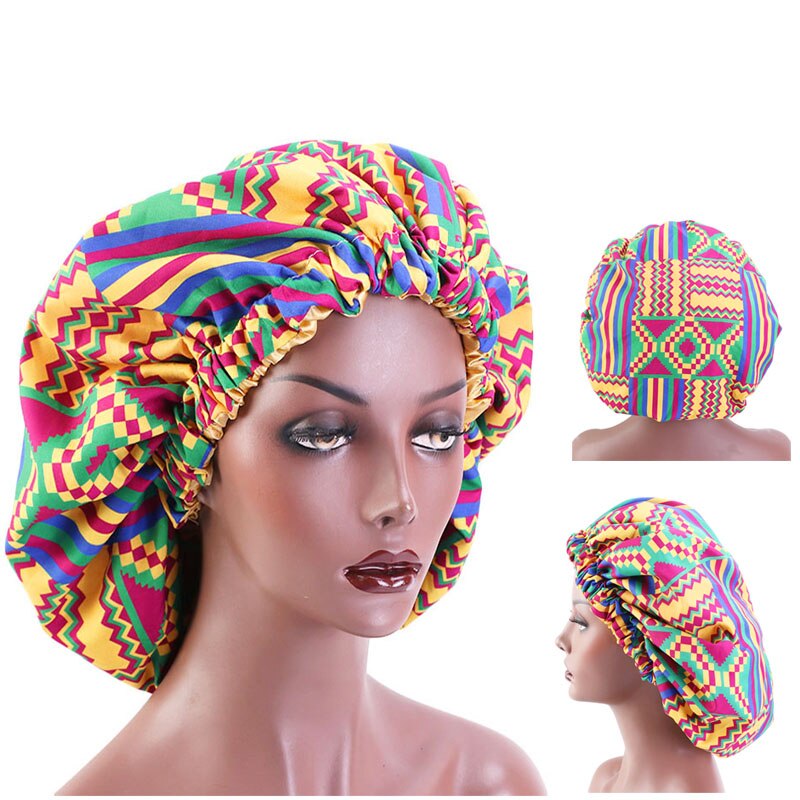 African Purple Green Kente Print Hair Bonnet ( Gold Satin  display picture 3