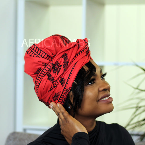 African headwrap - Red / black big adinkra