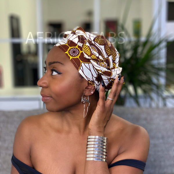 African headwrap - Brown / white big flower
