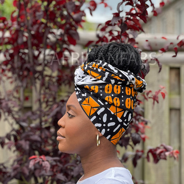 African Black / Orange bogolan / mud cloth headwrap