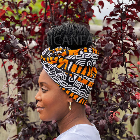 African Black / orange bogolan / mud cloth headwrap