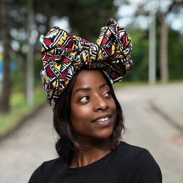 African Black yellow / bordeaux Bogolan / mud cloth headwrap