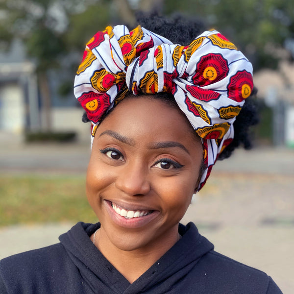 African headwrap - White / Red / Yellow disks