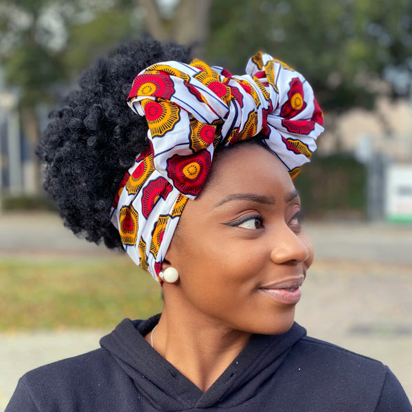 African headwrap - White / Red / Yellow disks