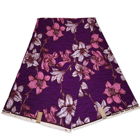 African Wax print fabric - Purple / pink flowers