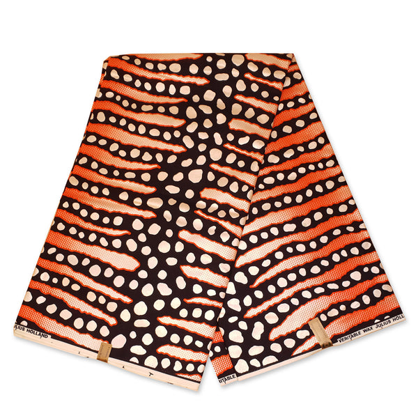 African Wax print fabric - Black Orange Mud cloth / Bogolan stripes ** Metallic Special **