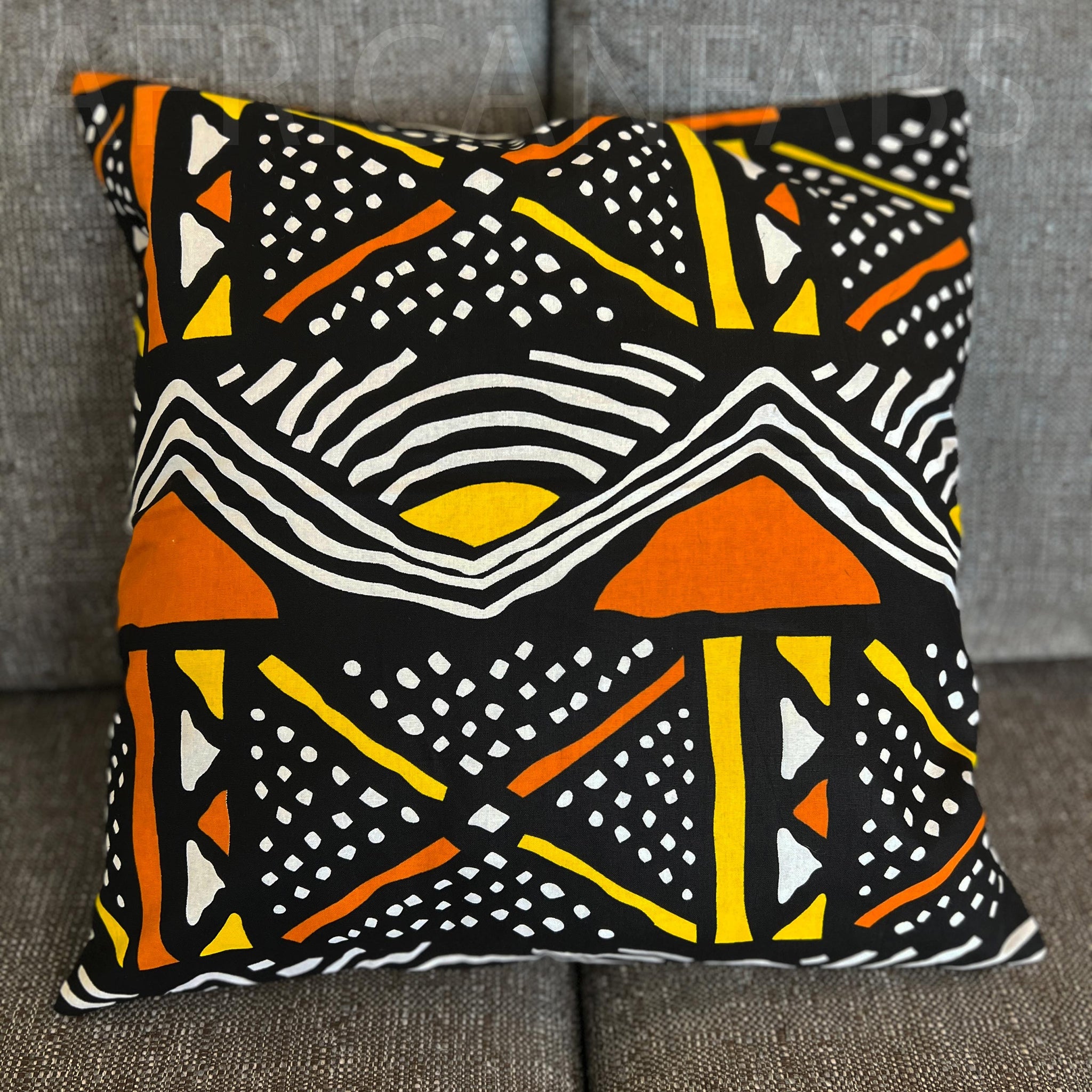 African pillow cover | Orange Bogolan / Mud cloth - Decorative pillow 45x45cm - 100% Cotton