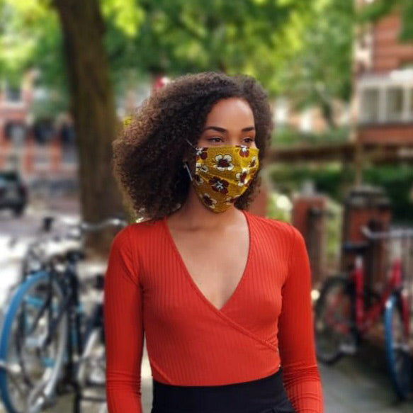 African print Mouth mask / Face mask made of 100% cotton - Mustard maroon flowers