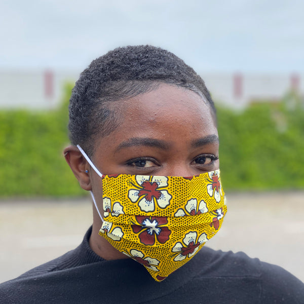 African print Mouth mask / Face mask made of 100% cotton - Mustard maroon flowers