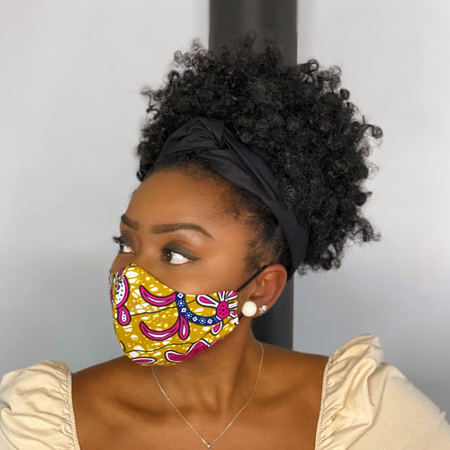 African print Mouth mask / Face mask made of cotton (Premium model)  Unisex - Mustard / Pink