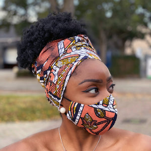 African headwrap + face mask (Premium set) - Peach / mustard plaid
