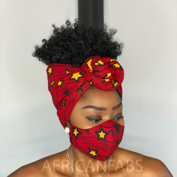 African headwrap + face mask (Premium set) Vlisco - Red Star