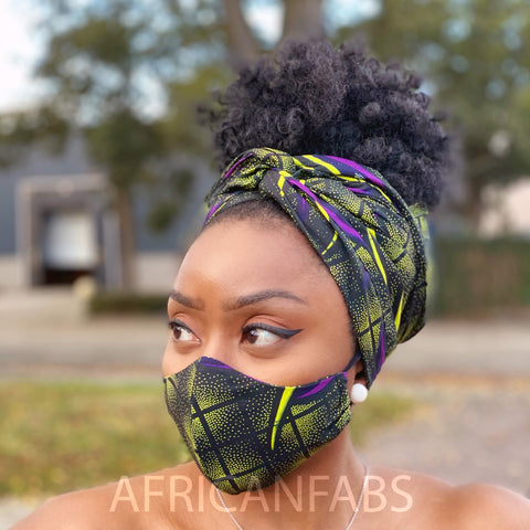 African headwrap + face mask (Premium set) Vlisco - Green purple butterflies
