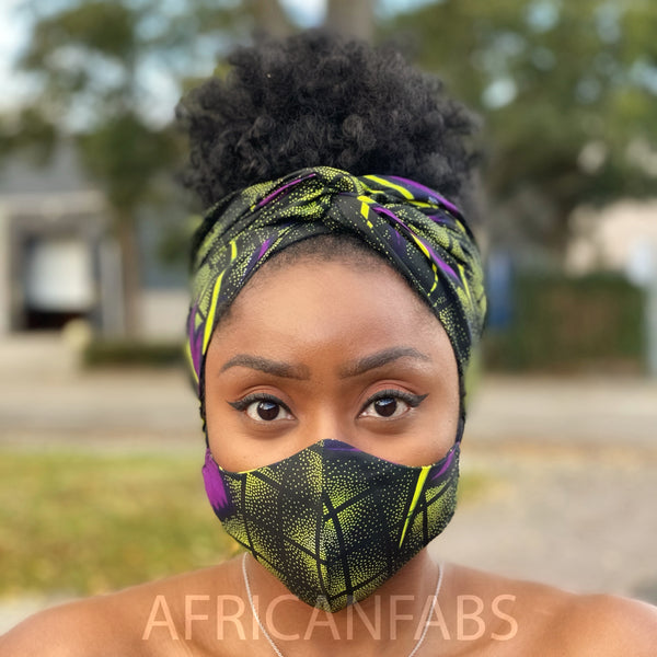 African headwrap + face mask (Premium set) Vlisco - Green purple butterflies