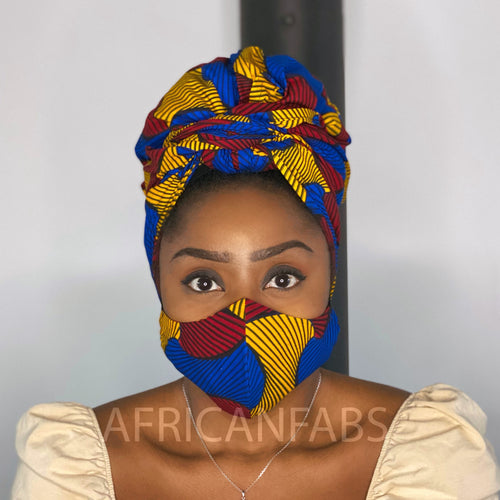 African headwrap + face mask (Premium set) Vlisco - Red blue santana