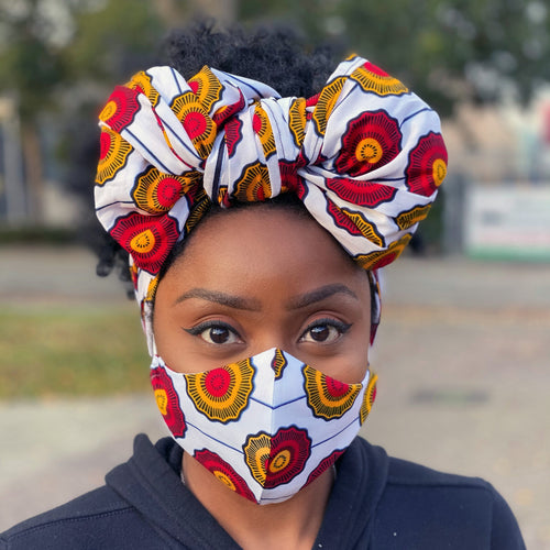 African headwrap + face mask (Premium set) - White red disks
