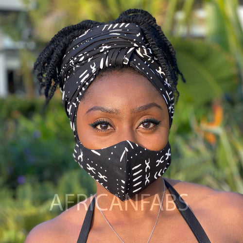 African headwrap + face mask (Premium set) - Black / white bogolan