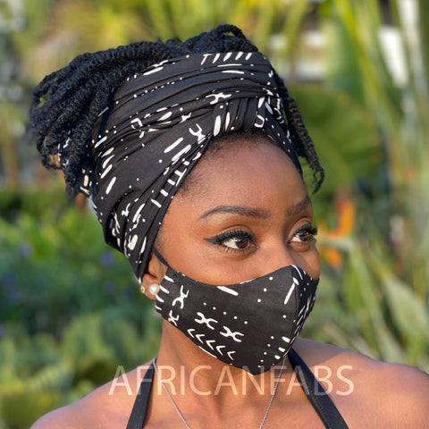 African headwrap + face mask (Premium set) - Black / white bogolan