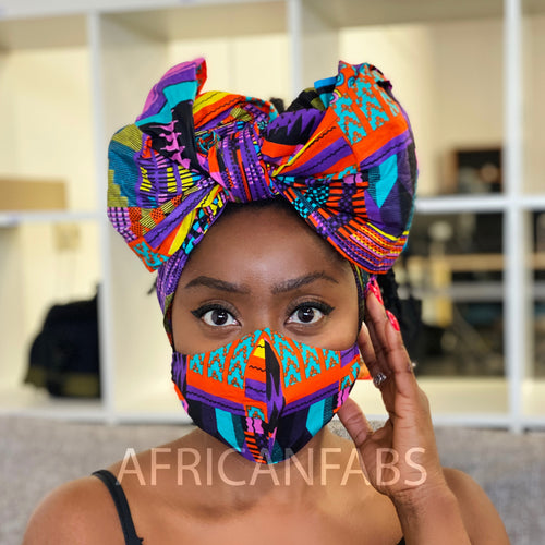 African headwrap + face mask (Premium set) - Purple Kente