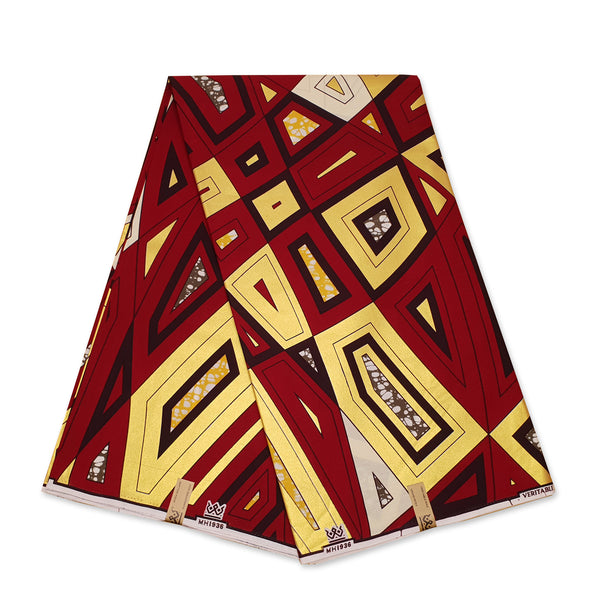 African Wax print fabric - Grand Wax - Maroon Gold geometric - Gold embellished