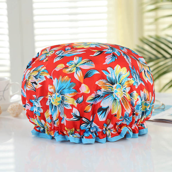 LARGE Shower cap for full hair / curls - Red with flowers