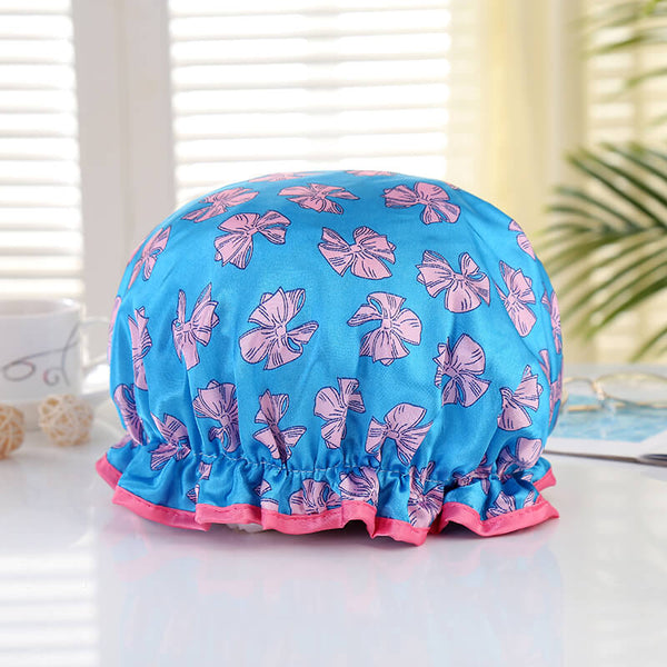 LARGE Shower cap for full hair / curls - Blue with pink ribbons