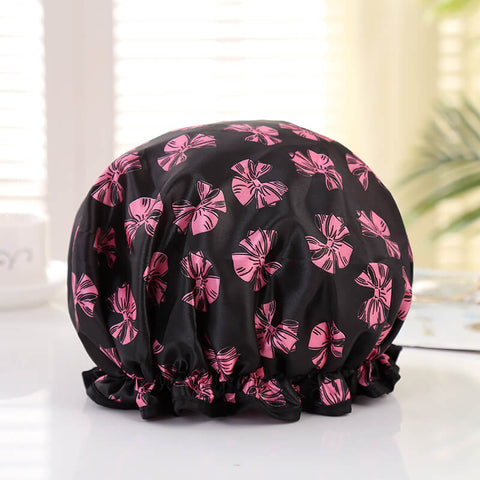 LARGE Shower cap for full hair / curls - Black with pink ribbons