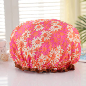 LARGE Shower cap for full hair / curls - Orange / pink with flowers