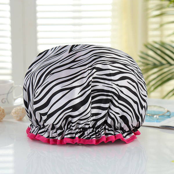 LARGE Shower cap for full hair / curls - White with zebra