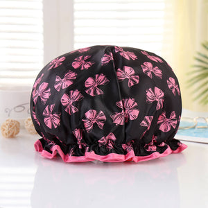LARGE Shower cap for full hair / curls - Black with pink ribbons & pink edge